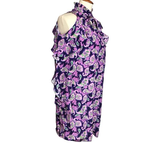 Sandro Paris 100% Silk Purple Paisley Ruffle Cold Shoulder Mini Party Dress 3/L - Picture 4 of 16